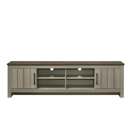 Nena TV Stand Cabinet, 2 Cabinet Doors, Brown Wood Top, Oak Gray
