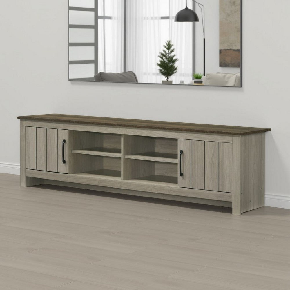 Nena TV Stand Cabinet, 2 Cabinet Doors, Brown Wood Top, Oak Gray