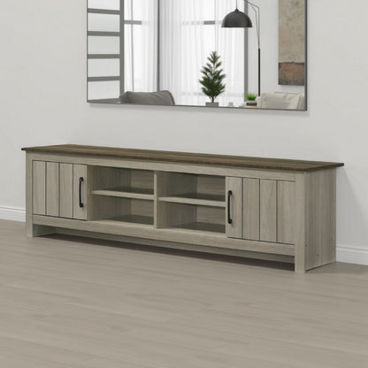 Nena TV Stand Cabinet, 2 Cabinet Doors, Brown Wood Top, Oak Gray