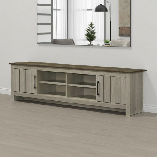Nena TV Stand Cabinet, 2 Cabinet Doors, Brown Wood Top, Oak Gray