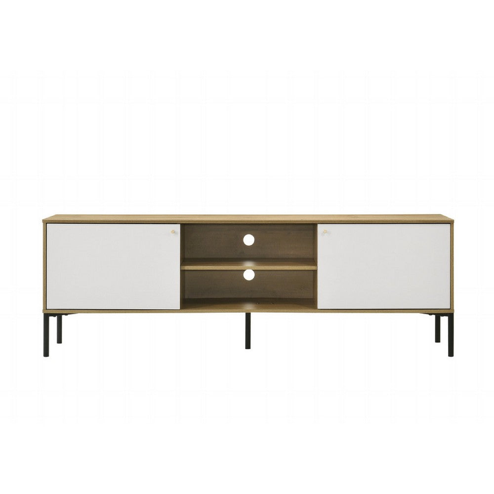 Brick TV Stand Cabinet with 2 Doors, Black Metal, White, Oak Brown