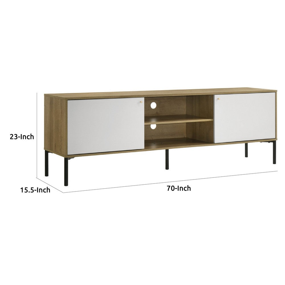 Brick TV Stand Cabinet with 2 Doors, Black Metal, White, Oak Brown