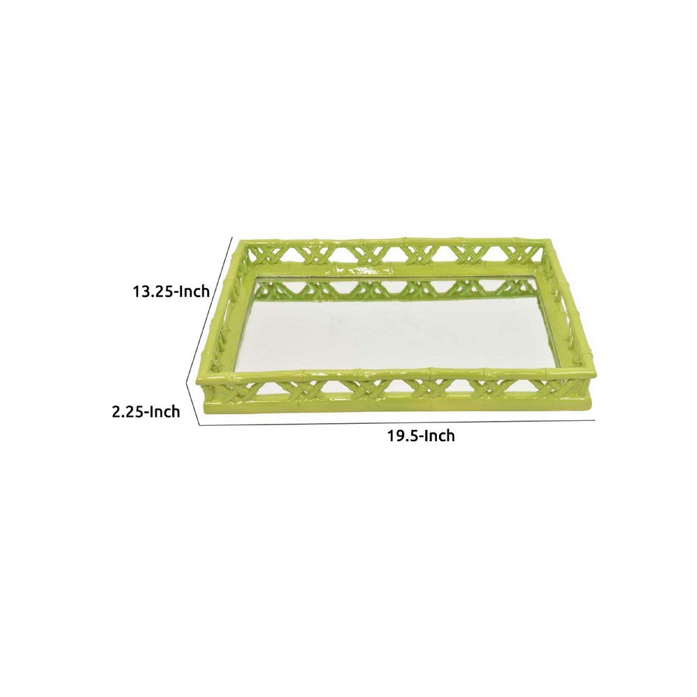 Aeny Accessory Tray with Mirror, 20 Inch, Bamboo Look Lime Green Resin
