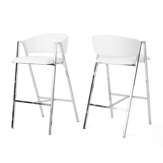 Zoy Barstool Chair Set of 2, Ivory Faux Leather, Chrome Metal Frame