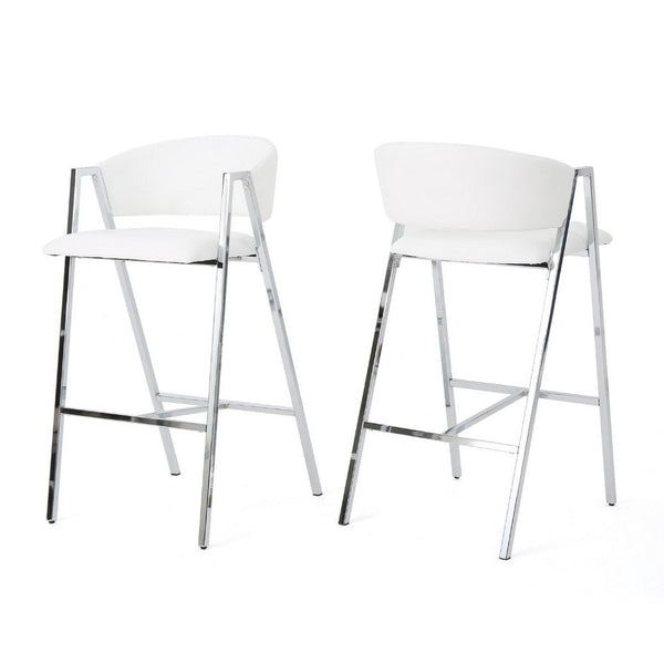 Zoy Barstool Chair Set of 2, Ivory Faux Leather, Chrome Metal Frame
