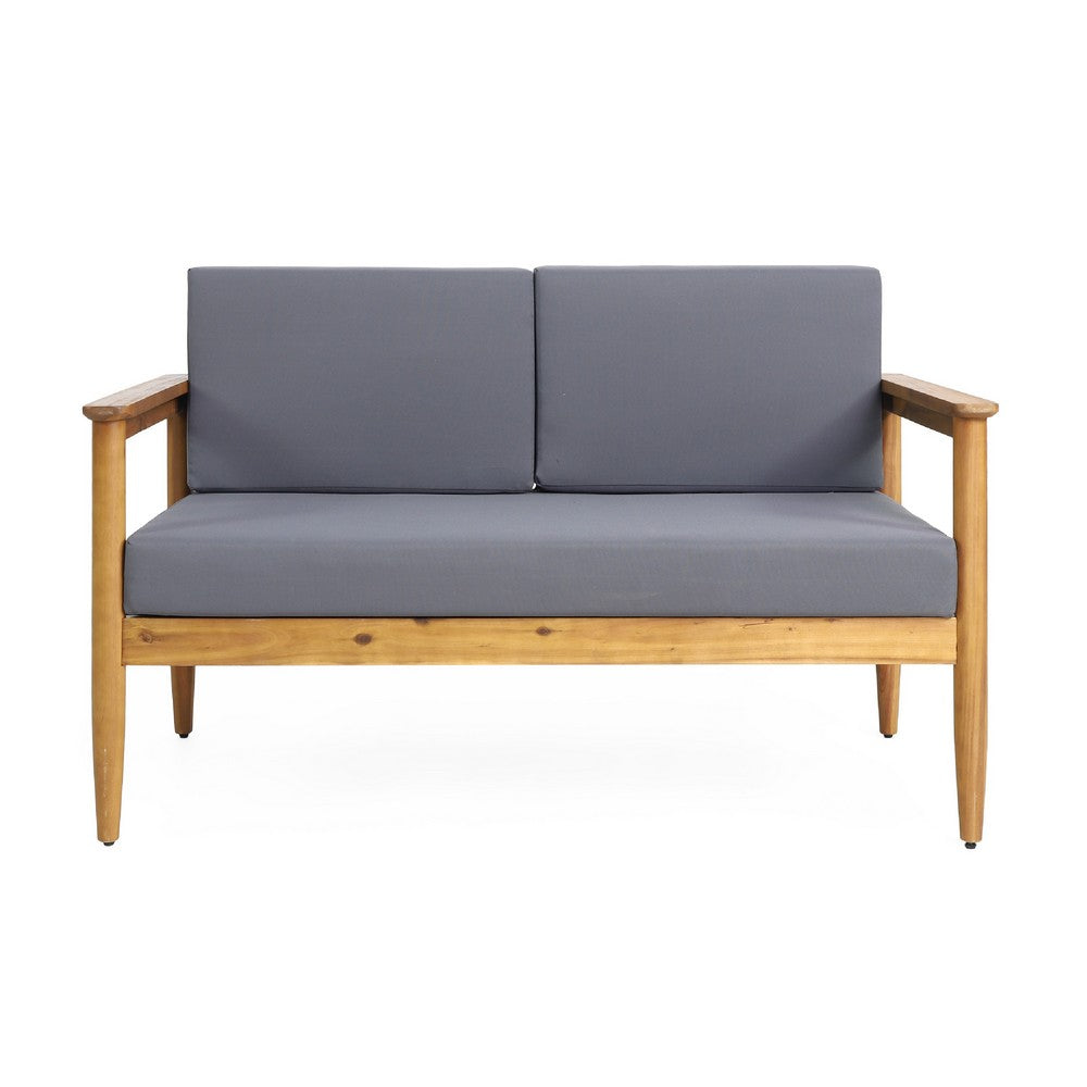 Gavie Outdoor Loveseat, Teak Brown Acacia Wood, Gray Fabric 53 Inch