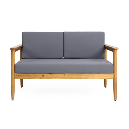 Gavie Outdoor Loveseat, Teak Brown Acacia Wood, Gray Fabric 53 Inch