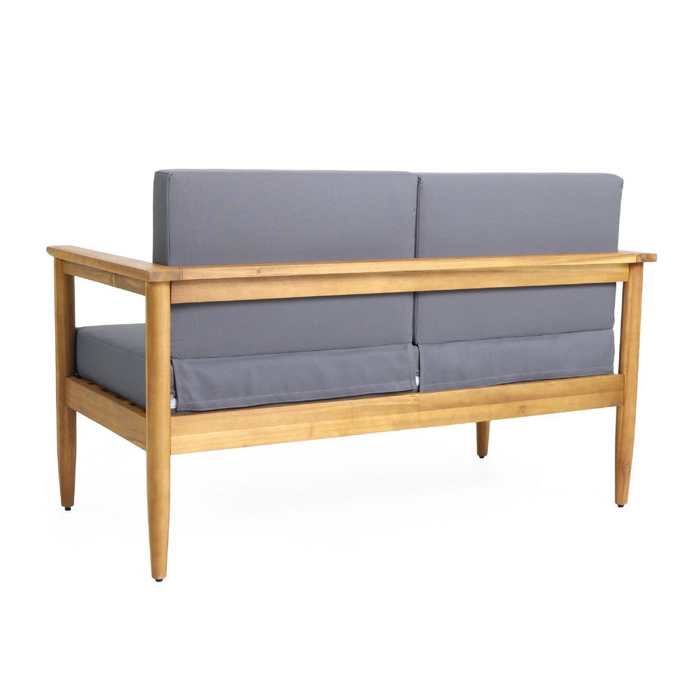 Gavie Outdoor Loveseat, Teak Brown Acacia Wood, Gray Fabric 53 Inch
