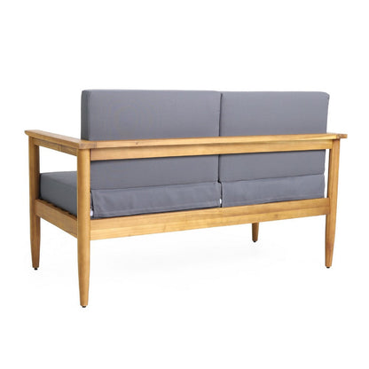 Gavie Outdoor Loveseat, Teak Brown Acacia Wood, Gray Fabric 53 Inch