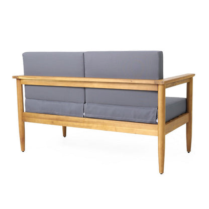 Gavie Outdoor Loveseat, Teak Brown Acacia Wood, Gray Fabric 53 Inch