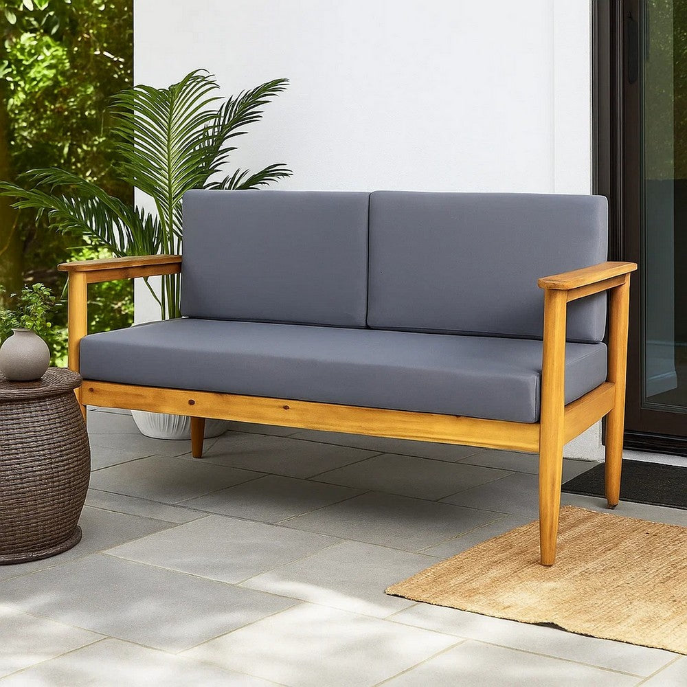 Gavie Outdoor Loveseat, Teak Brown Acacia Wood, Gray Fabric 53 Inch