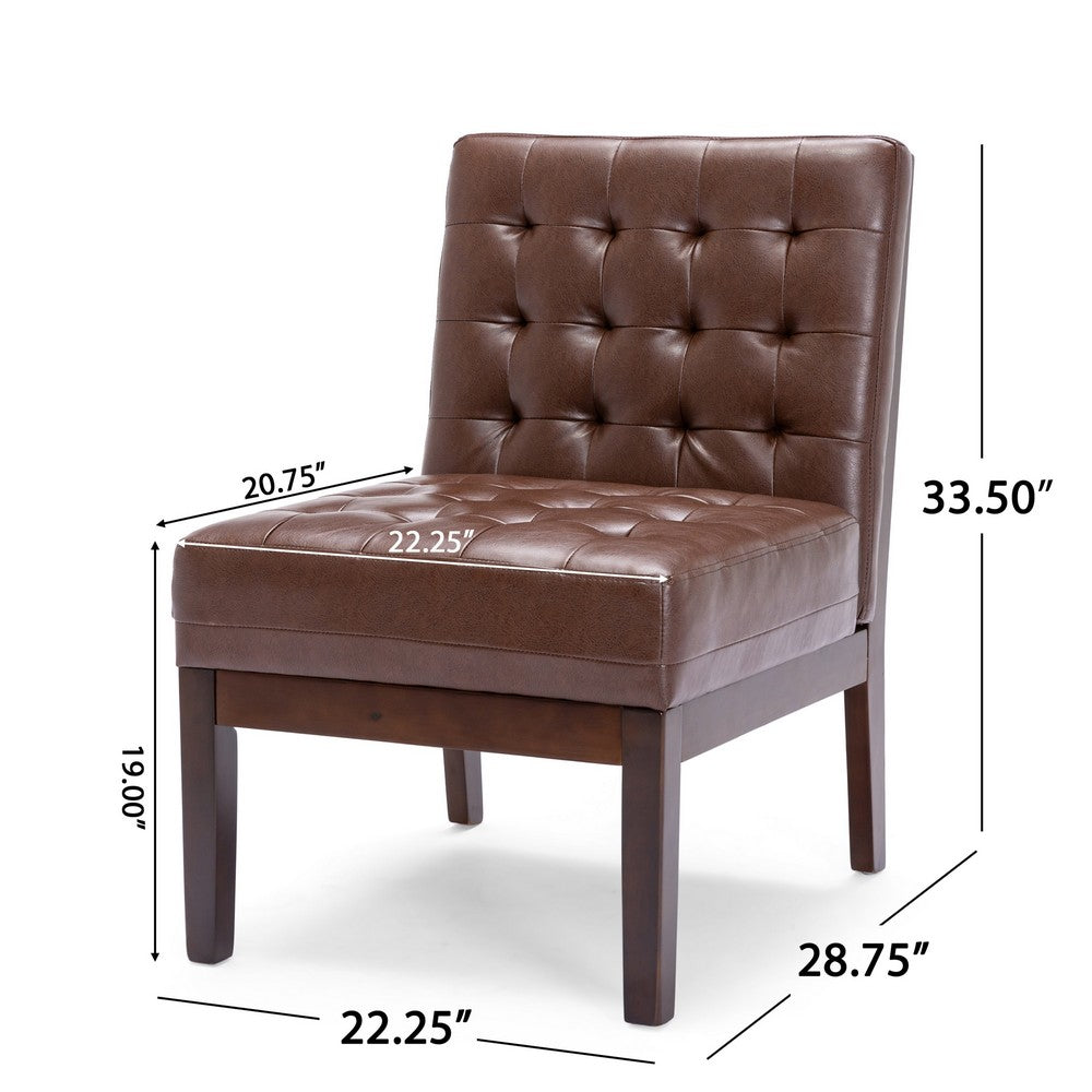 Armless Accent Chair, Tufted Dark Brown Faux Leather, Rubberwood Frame
