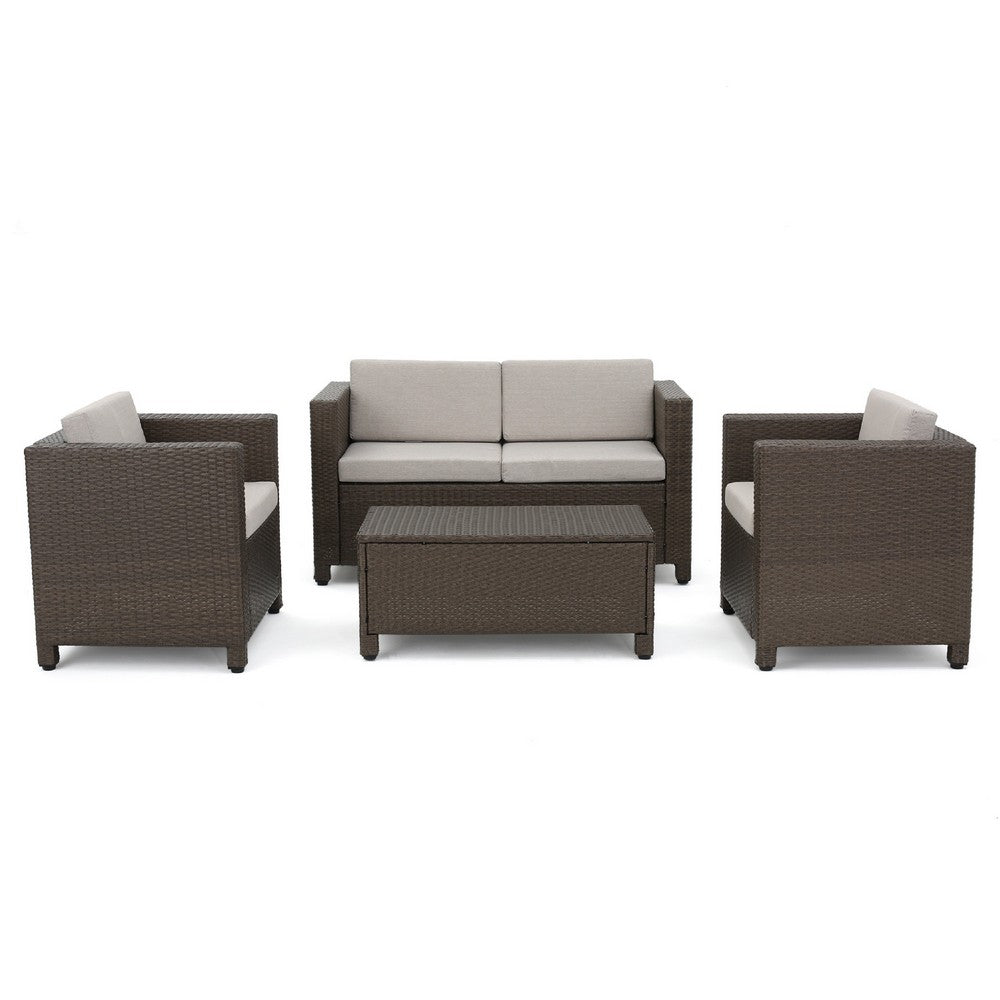 Perie 4 Piece Outdoor Sofa Chair and Table Set, Brown Rattan, White