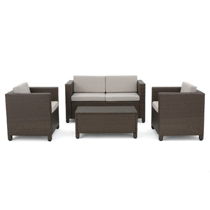 Perie 4 Piece Outdoor Sofa Chair and Table Set, Brown Rattan, White
