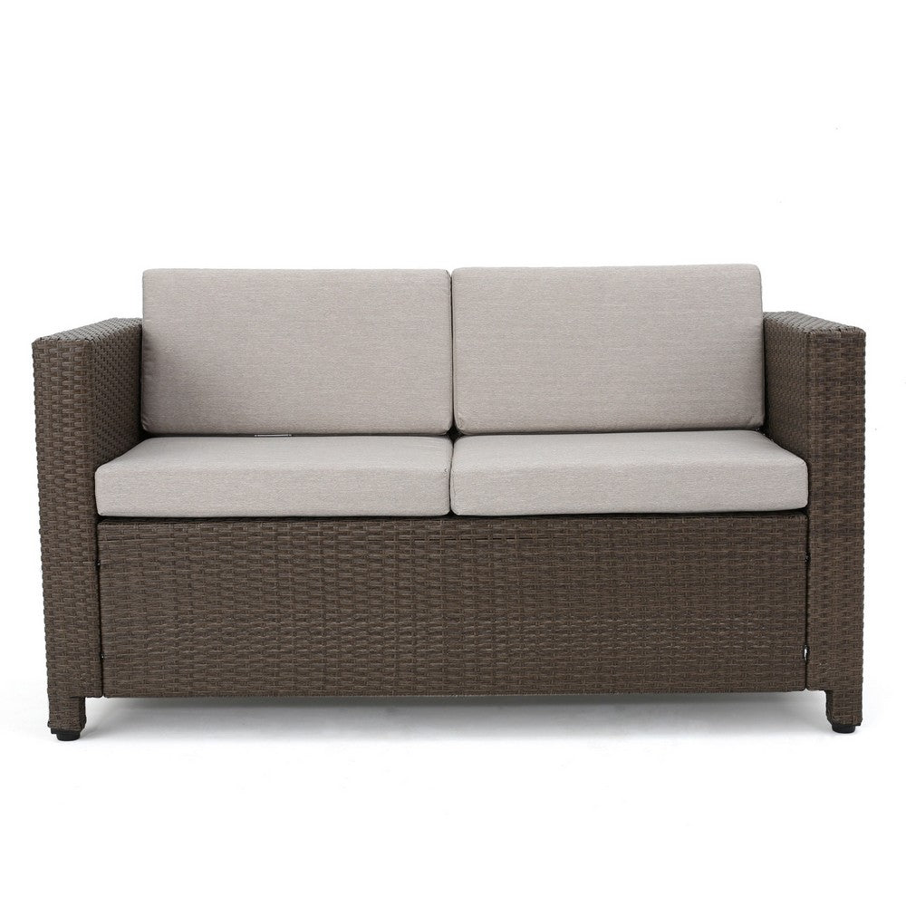 Perie 4 Piece Outdoor Sofa Chair and Table Set, Brown Rattan, White