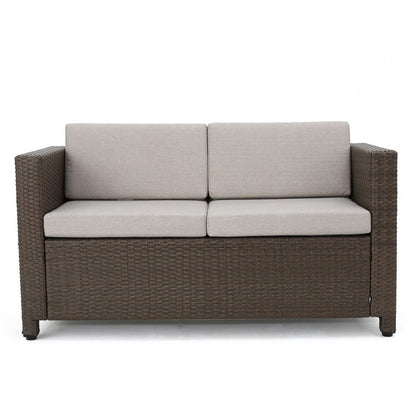Perie 4 Piece Outdoor Sofa Chair and Table Set, Brown Rattan, White