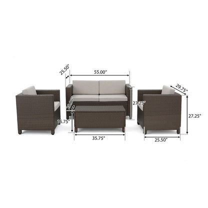 Perie 4 Piece Outdoor Sofa Chair and Table Set, Brown Rattan, White