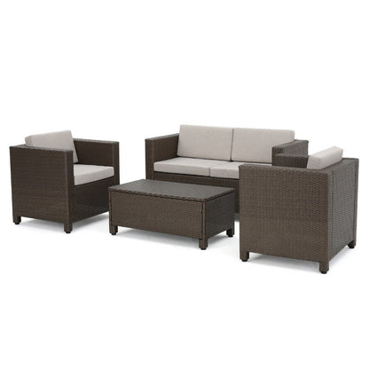 Perie 4 Piece Outdoor Sofa Chair and Table Set, Brown Rattan, White
