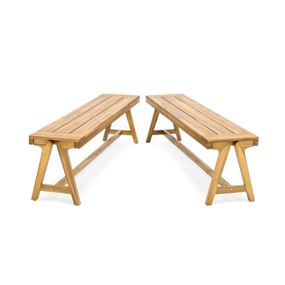 Lea Outdoor Dining Bench Set of 2, 63 Inch Varnished Teak Brown Wood