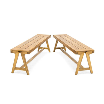 Lea Outdoor Dining Bench Set of 2, 63 Inch Varnished Teak Brown Wood