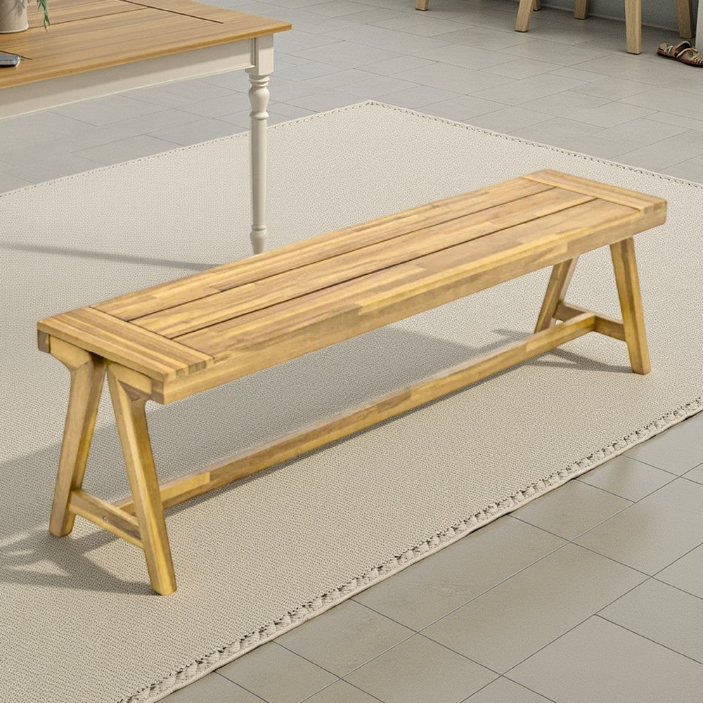 Lea Outdoor Dining Bench Set of 2, 63 Inch Varnished Teak Brown Wood