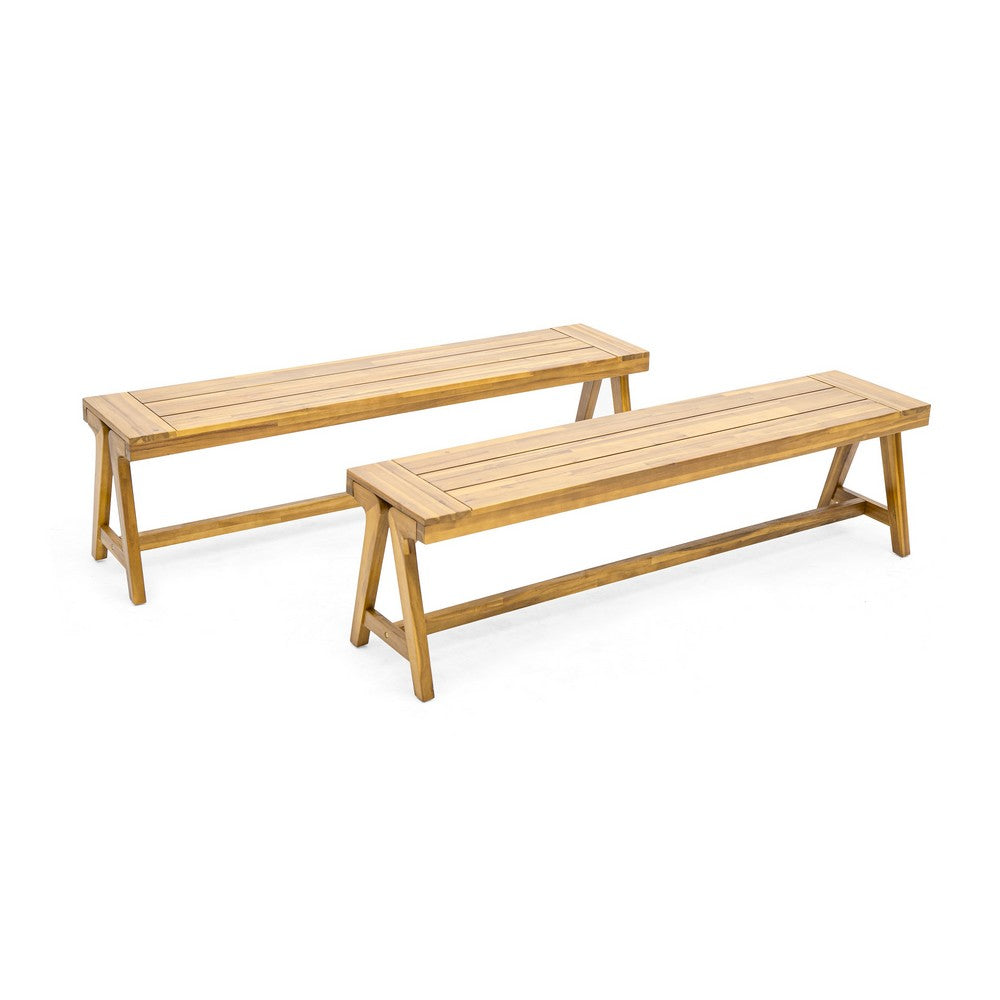 Lea Outdoor Dining Bench Set of 2, 63 Inch Varnished Teak Brown Wood