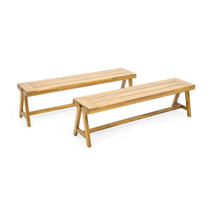 Lea Outdoor Dining Bench Set of 2, 63 Inch Varnished Teak Brown Wood