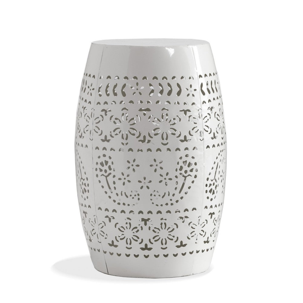 Outdoor Side Table, Lace Cut, 12 Inch Round Top w White Barrel Base