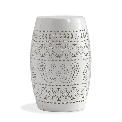 Outdoor Side Table, Lace Cut, 12 Inch Round Top w White Barrel Base