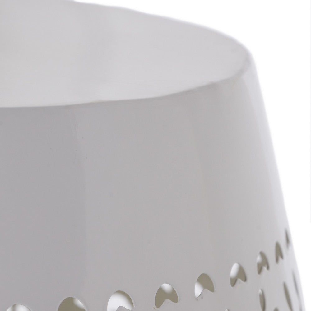 Outdoor Side Table, Lace Cut, 12 Inch Round Top w White Barrel Base