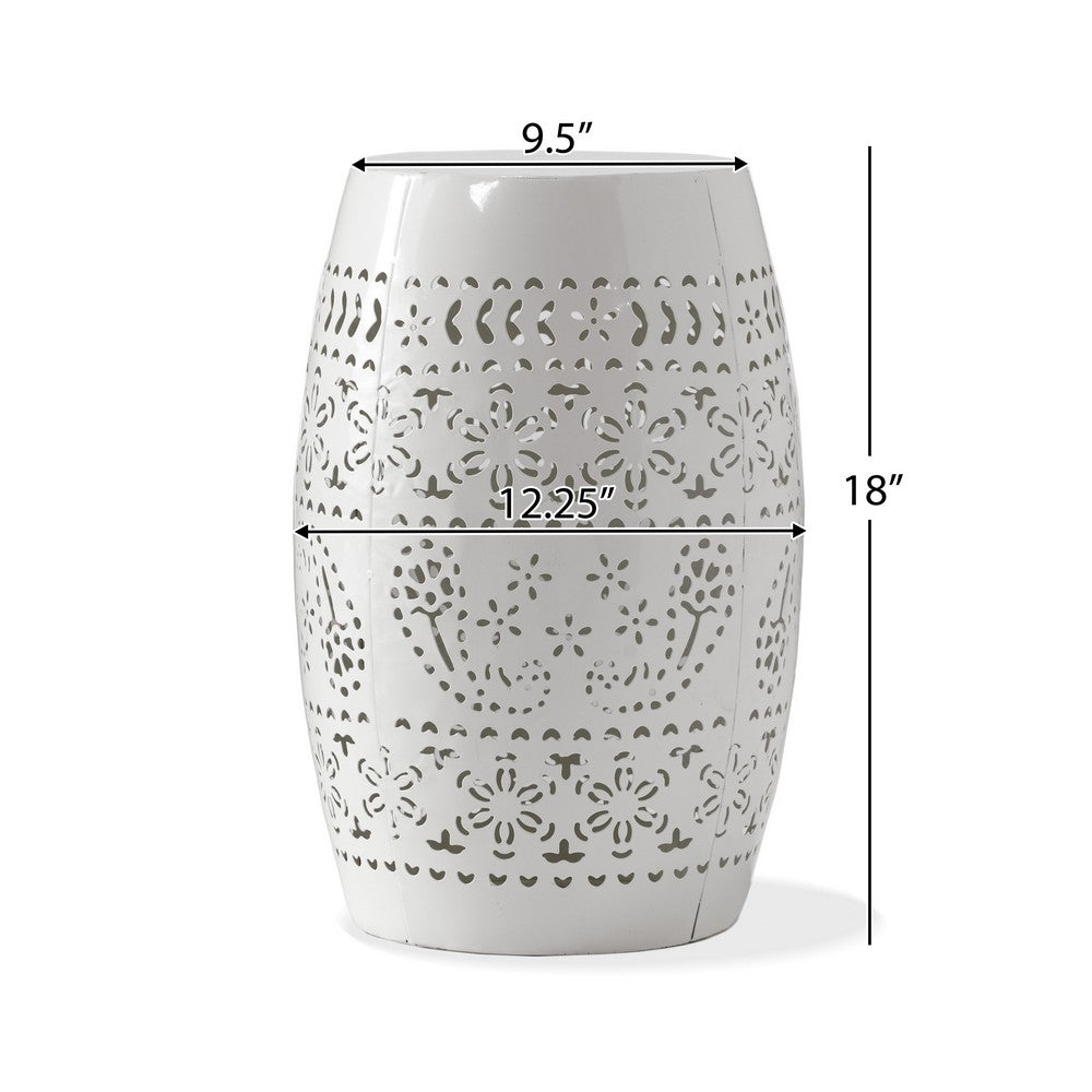 Outdoor Side Table, Lace Cut, 12 Inch Round Top w White Barrel Base