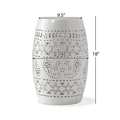 Outdoor Side Table, Lace Cut, 12 Inch Round Top w White Barrel Base