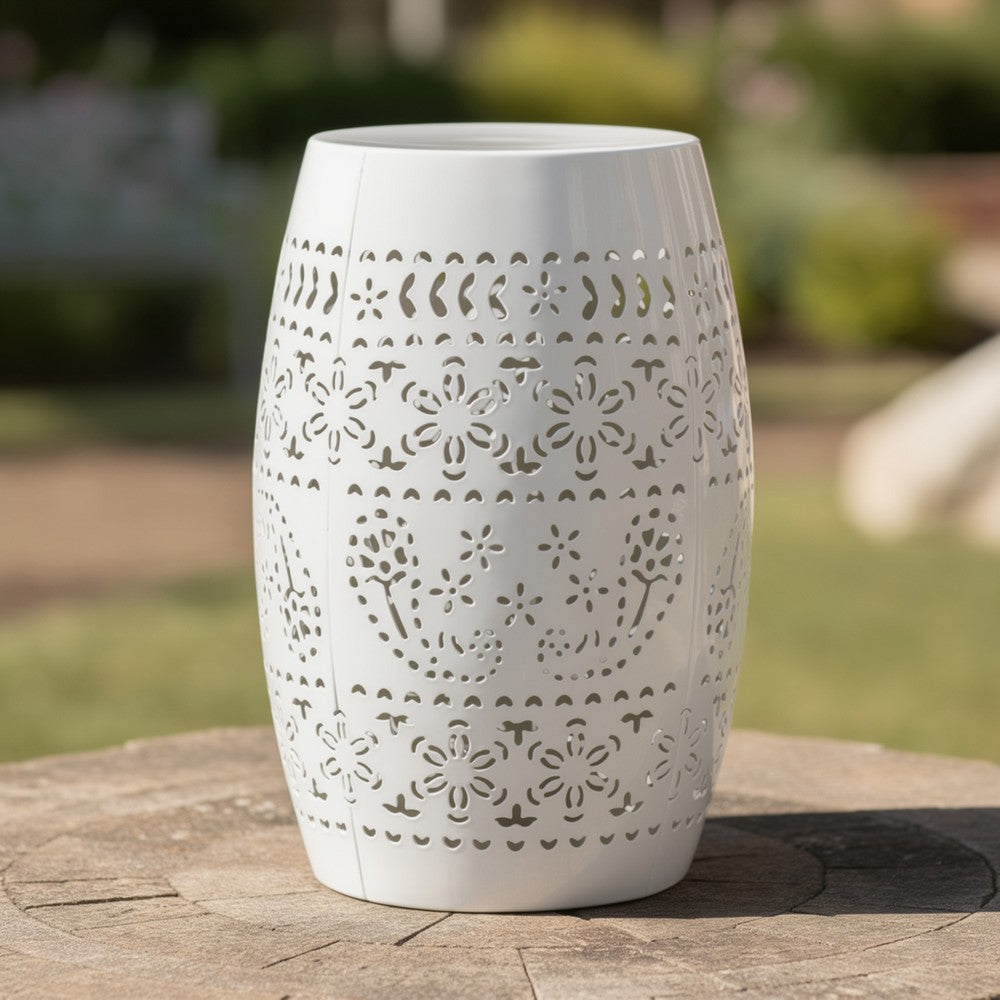 Outdoor Side Table, Lace Cut, 12 Inch Round Top w White Barrel Base