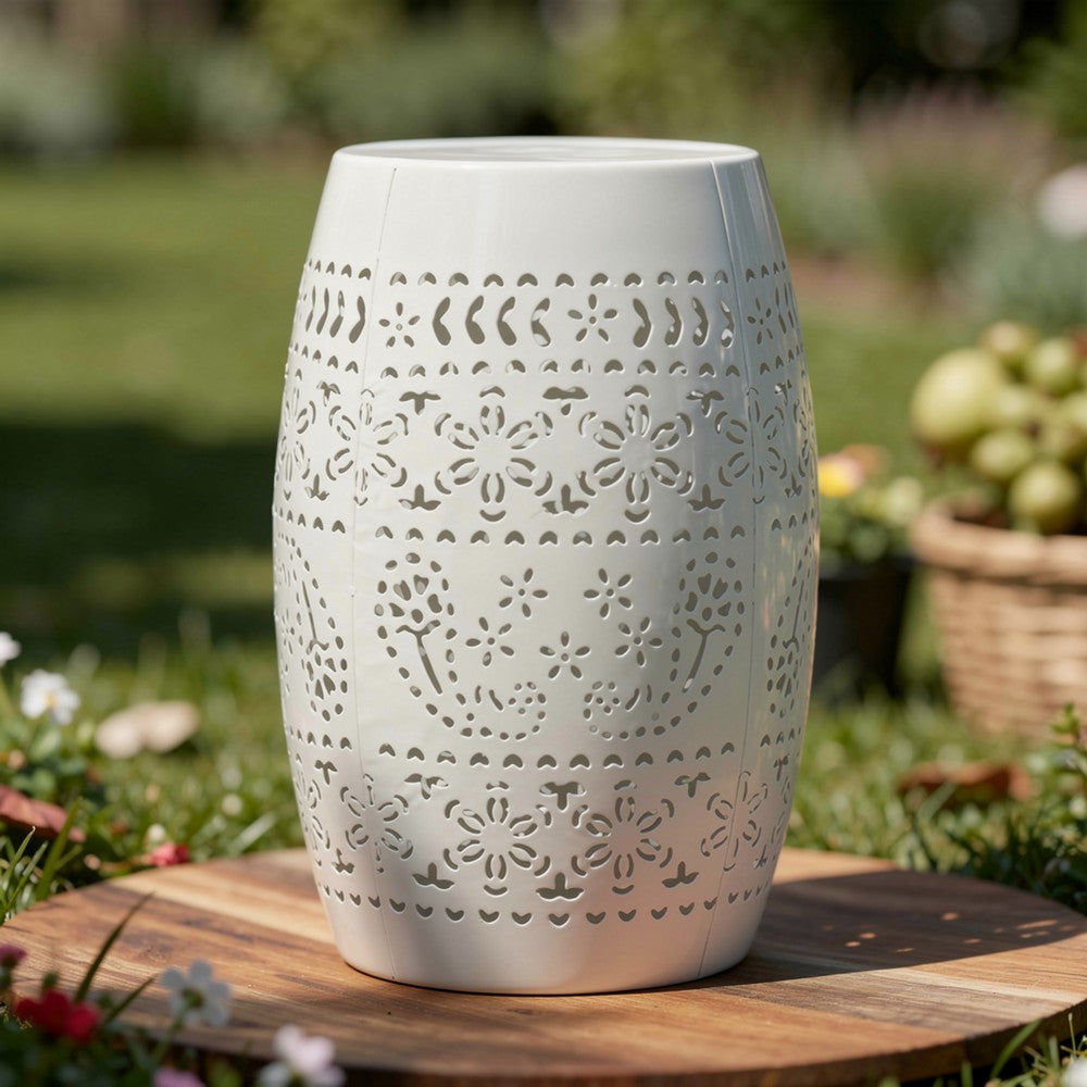Outdoor Side Table, Lace Cut, 12 Inch Round Top w White Barrel Base