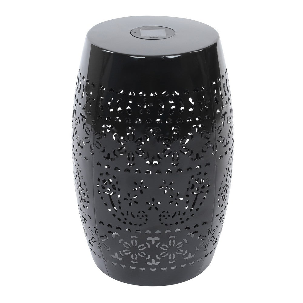 Sola Side Table, Solar Powered Light, 18 Inch Barrel Shaped Black Iron