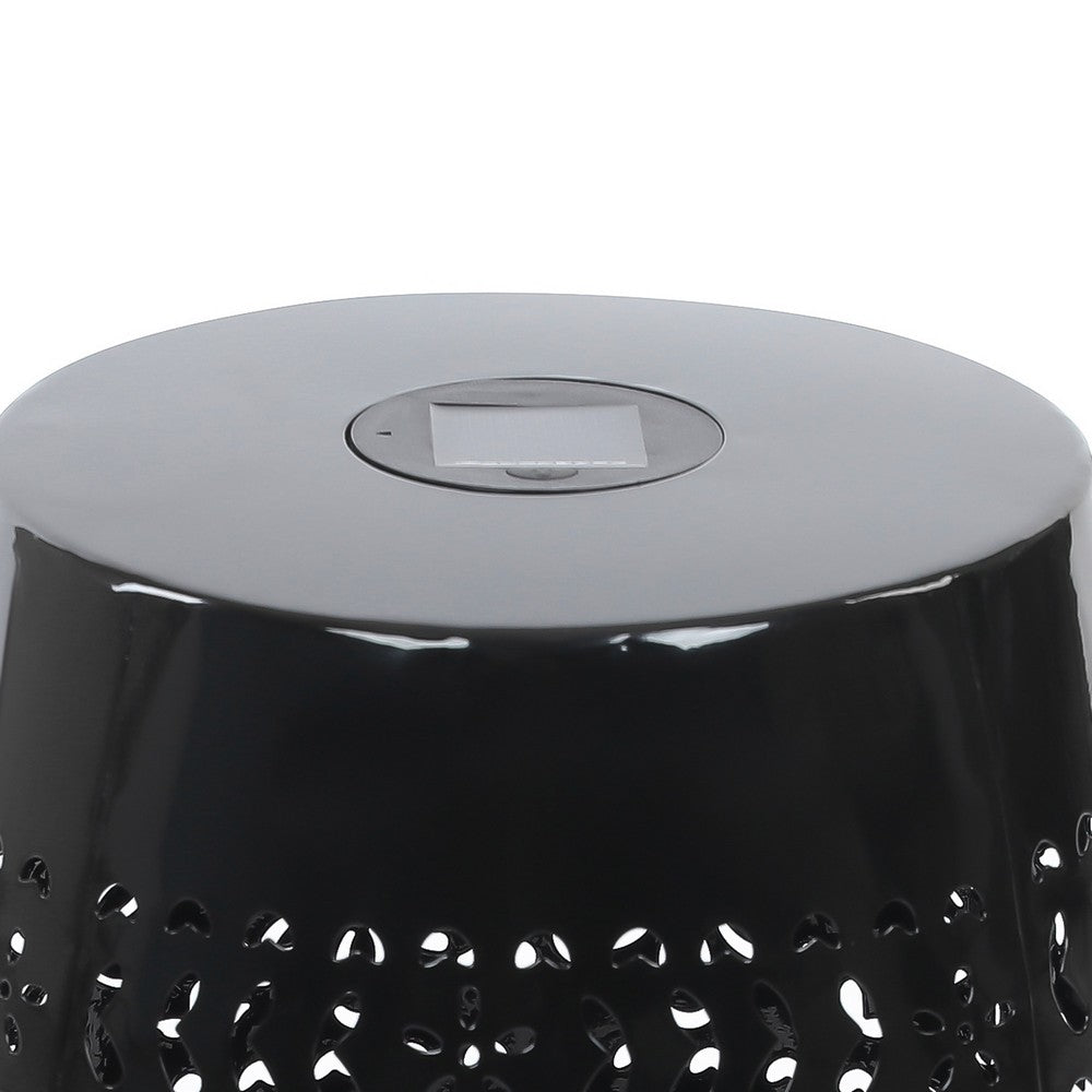 Sola Side Table, Solar Powered Light, 18 Inch Barrel Shaped Black Iron