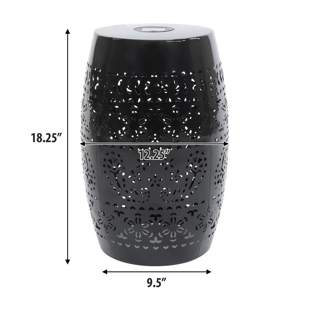 Sola Side Table, Solar Powered Light, 18 Inch Barrel Shaped Black Iron