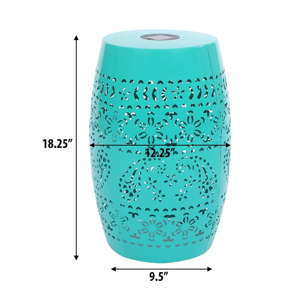 Sola Side Table, Solar Powered Light, 18 Inch Barrel Shaped Teal Iron