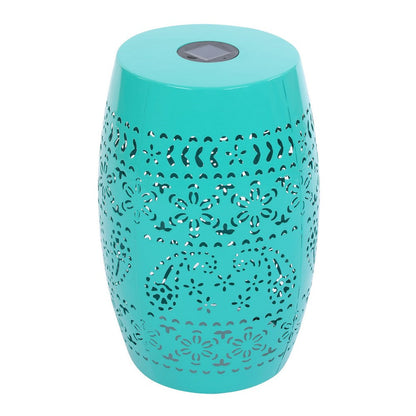 Sola Side Table, Solar Powered Light, 18 Inch Barrel Shaped Teal Iron