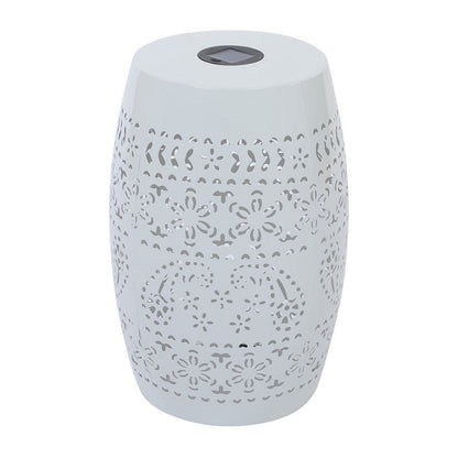 Sola Side Table, Solar Powered Light, 18 Inch Barrel Shaped White Iron