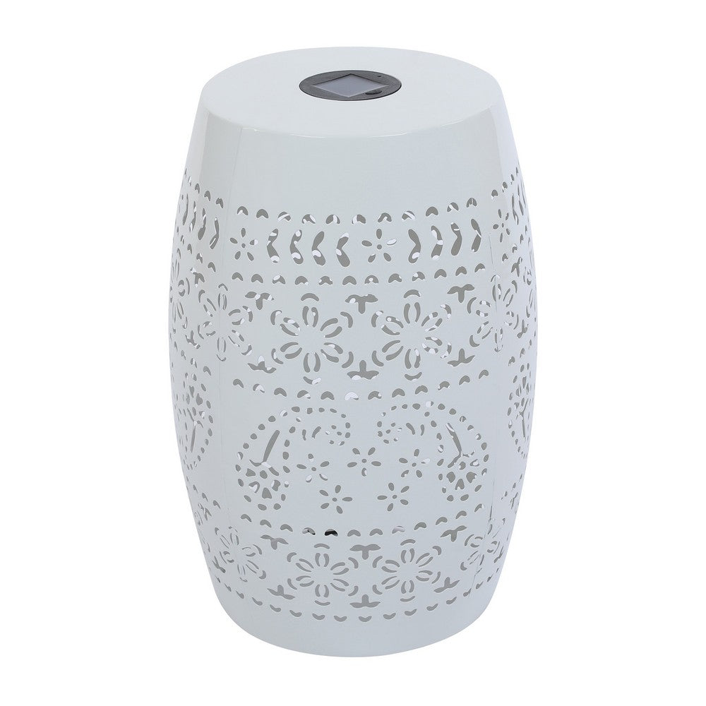Sola Side Table, Solar Powered Light, 18 Inch Barrel Shaped White Iron