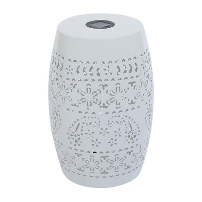 Sola Side Table, Solar Powered Light, 18 Inch Barrel Shaped White Iron