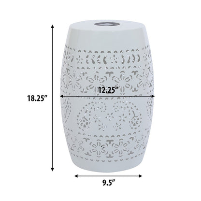 Sola Side Table, Solar Powered Light, 18 Inch Barrel Shaped White Iron