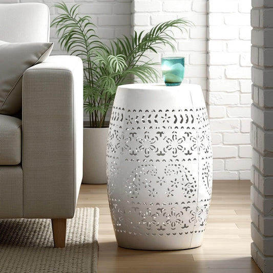 Sola Side Table, Solar Powered Light, 18 Inch Barrel Shaped White Iron