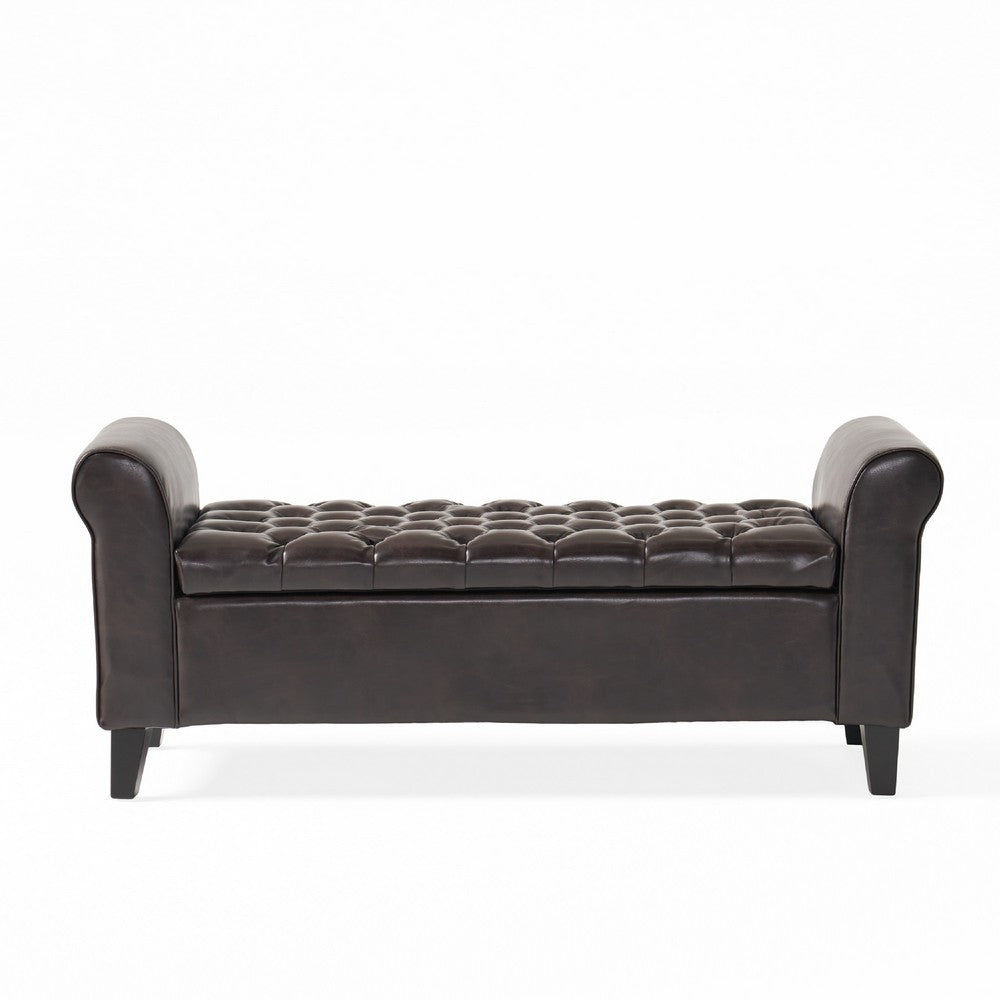 Jacob Ottoman Bench, Brown Faux Leather Button Tufted Seat, 50 Inch