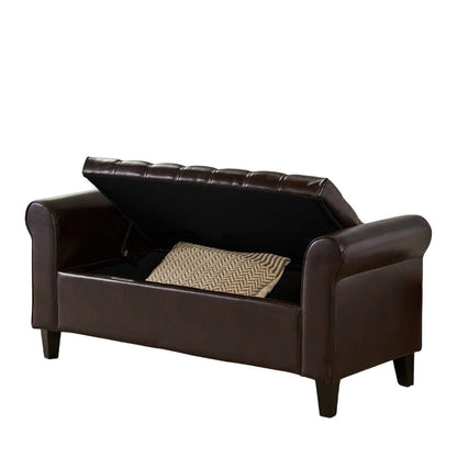 Jacob Ottoman Bench, Brown Faux Leather Button Tufted Seat, 50 Inch