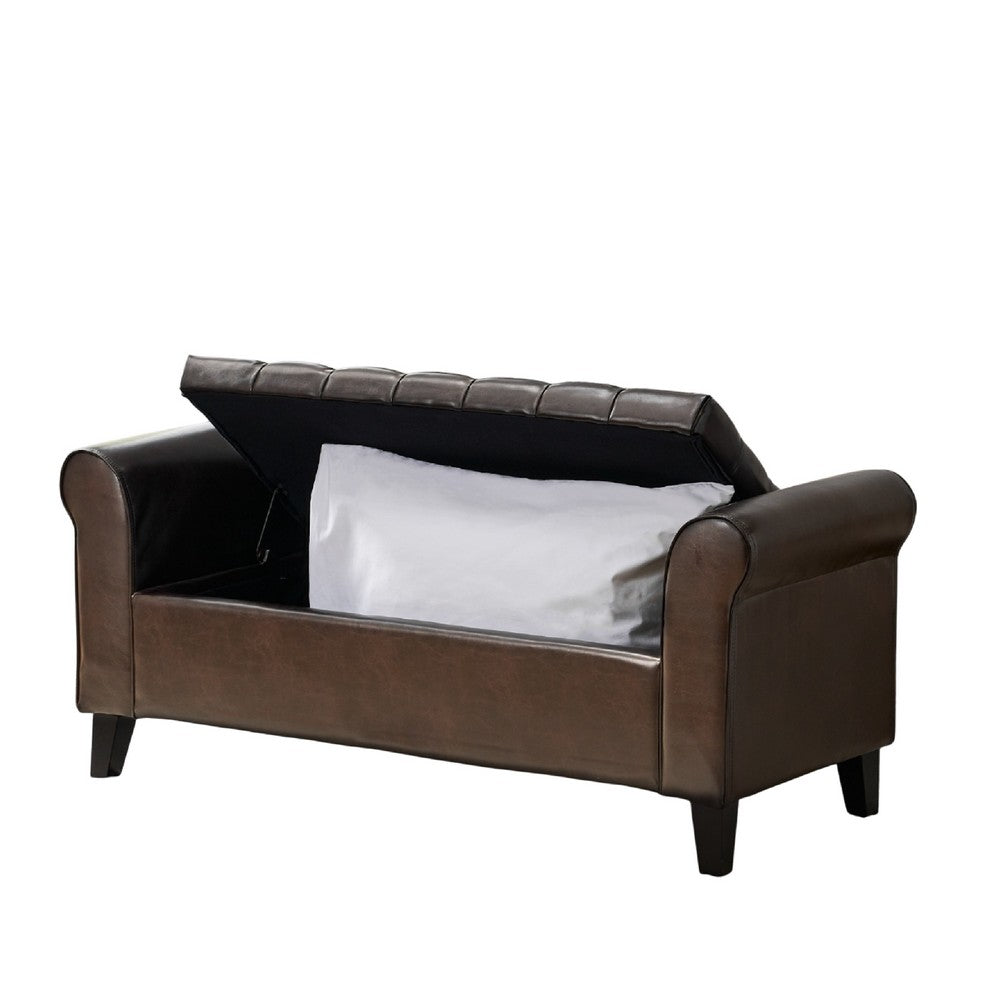 Jacob Ottoman Bench, Brown Faux Leather Button Tufted Seat, 50 Inch