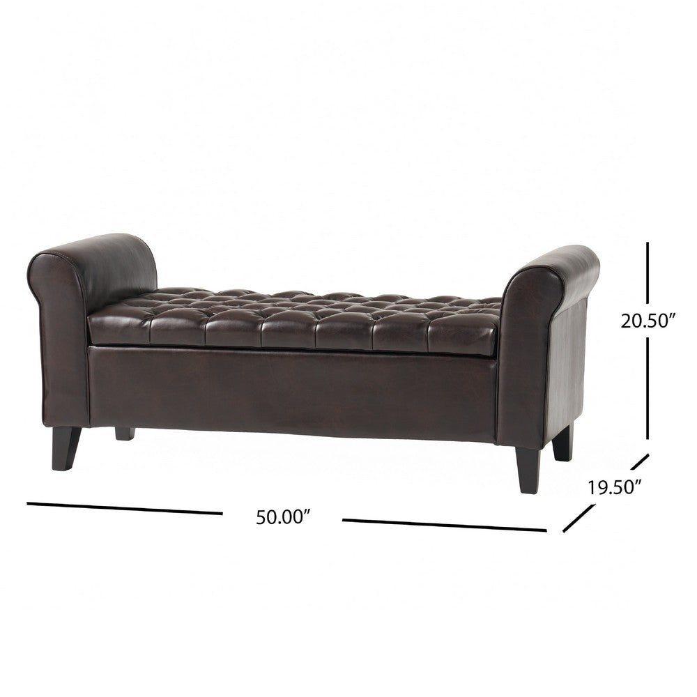 Jacob Ottoman Bench, Brown Faux Leather Button Tufted Seat, 50 Inch