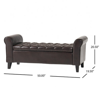 Jacob Ottoman Bench, Brown Faux Leather Button Tufted Seat, 50 Inch