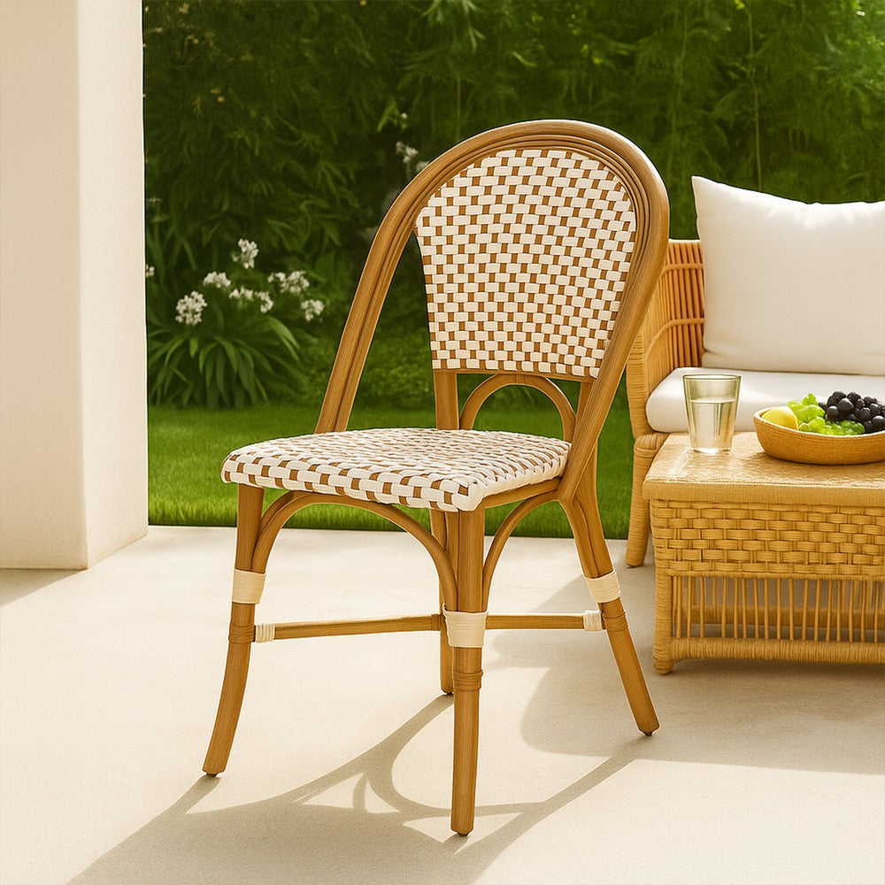 Bo Outdoor Bistro Chair Set of 2, Gray White Faux Rattan, Brown Metal